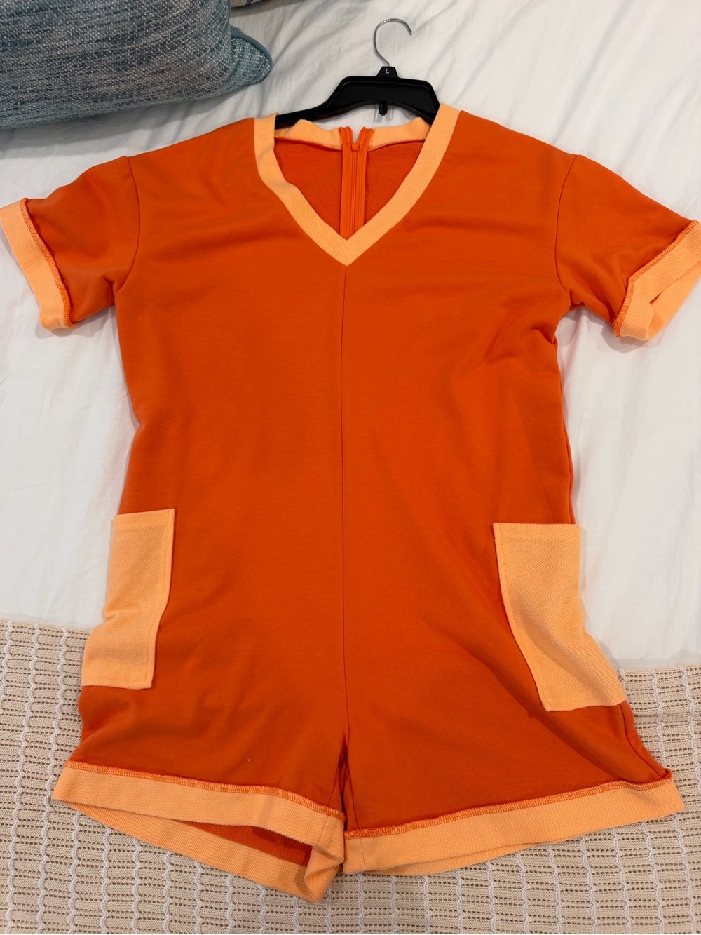 Bright Orange Short Romper with Peach Trim